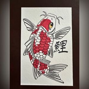 Original Copic Ink Marker  5x7 Inch Koi Fish Drawing Japanese Japan Nature Kanji